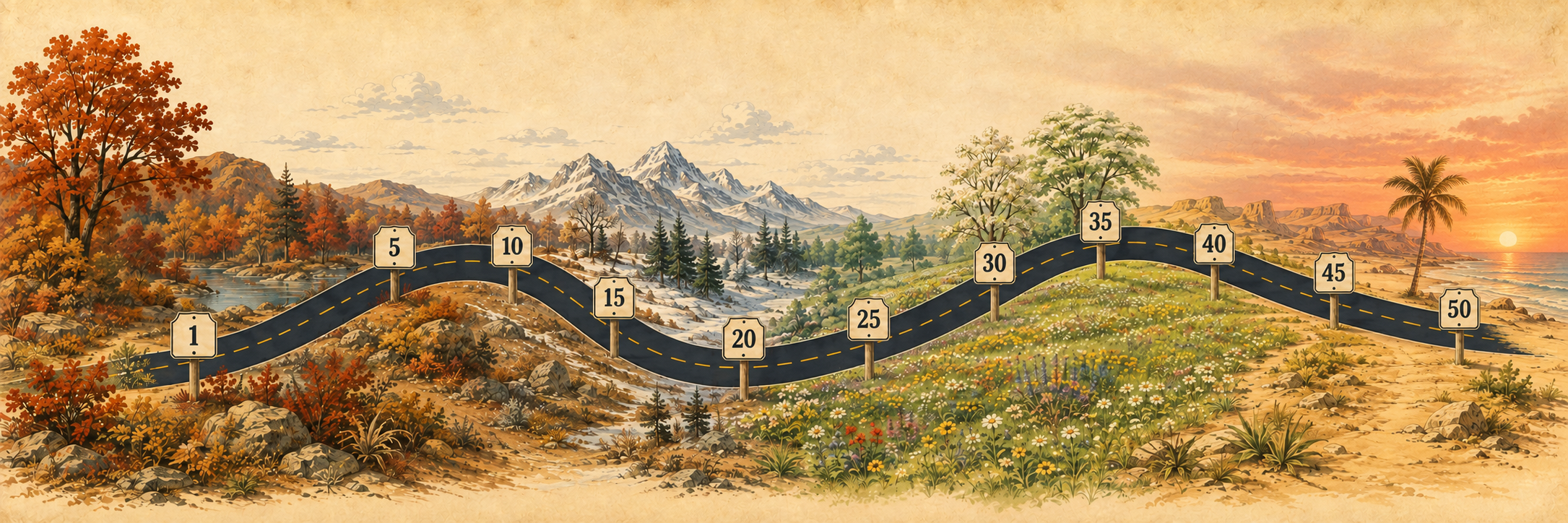 Illustrated milestone road with state-count markers from 1 to 50