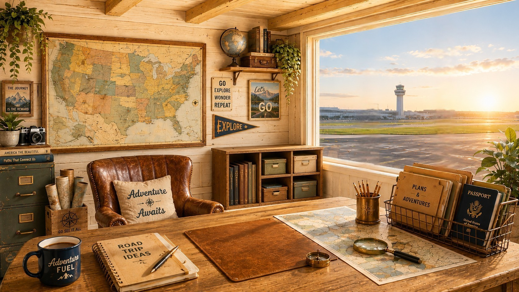 Morning light in the Travel Bureau, with a planning desk, wall map, travel folders, and airport runway window.